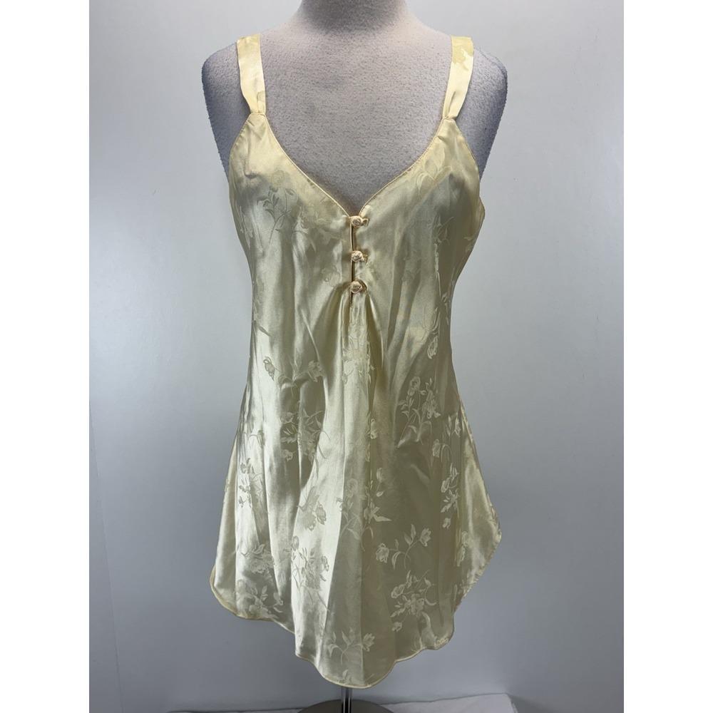 Vtg Morgan Taylor Satin Floral Damask Nightgown Women's L Butter Yellow Nightie